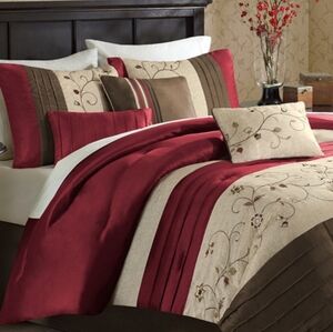 King Size Elegant Floral Embroidered Bedding Set - Red, White And Brown